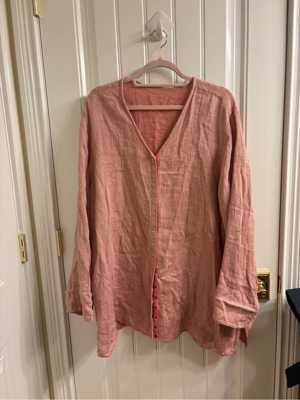 Flax Reversible Tunic Linen Lagenlook Pink Long Sleeve V Neck Button Top Size L - Picture 3 of 8